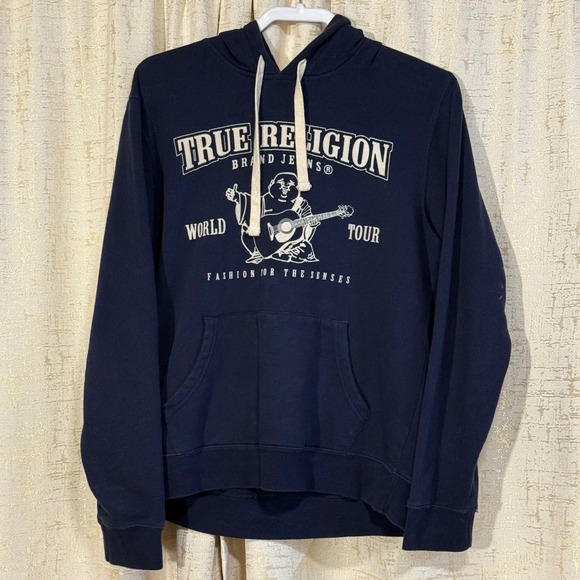 True Religion Men's Medium Navy Blue Buddha Logo‎ Pullover Hoodie Sweatshirt SEE - Picture 1 of 5